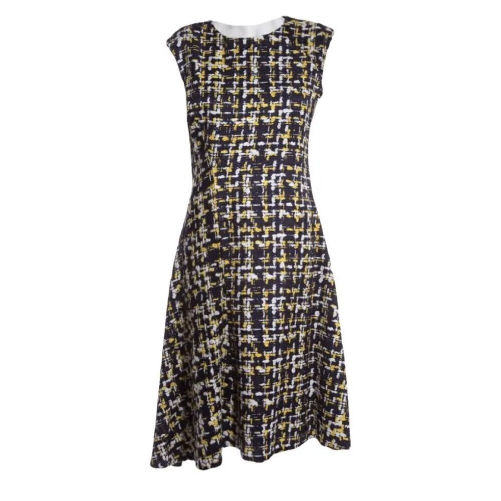 Carolina Herrera Midi Dress Women Sz 8 Navy Tweed Sleeveless Cotton Blend Lined
